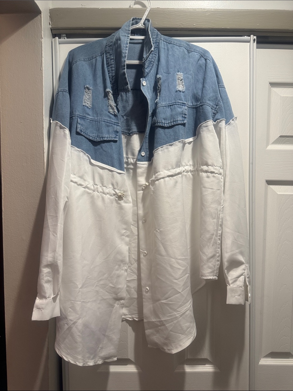 Denim-Trim Button Down Shirt Jacket - White and Light Blue